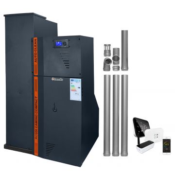 Pachet Centrala termica compacta pe peleti Fornello Rossi Camino Compact Automatic 25 kw, termostat, kit evacuare, pompa de circulatie, vas expansiune, tiraj fortat, curatare automata a arzatorului si a drumurilor de fum,culoare antracit, Ecodesign,