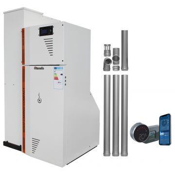 Pachet Centrala termica compacta pe peleti Fornello Rossi Camino Compact Automatic 25 kw, termostat, kit evacuare, pompa de circulatie, vas expansiune, tiraj fortat, curatare automata a arzatorului si a drumurilor de fum, Ecodesign, A+