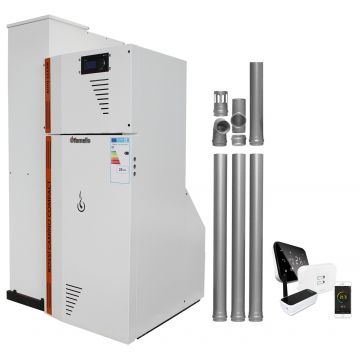 Pachet Centrala termica compacta pe peleti Fornello Rossi Camino Compact Automatic 25 kw, termostat, kit evacuare, pompa de circulatie, vas expansiune, tiraj fortat, curatare automata a arzatorului si a drumurilor de fum, Ecodesign, A+