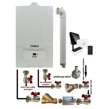 Pachet Centrala termica in condensatie Vaillant ecoTEC Pure VUW 236/7-2, 23 kw, murala, afisaj digital, schimbator caldura inox, kit de evacuare, termostat Salus IT 500 si fitinguri montaj