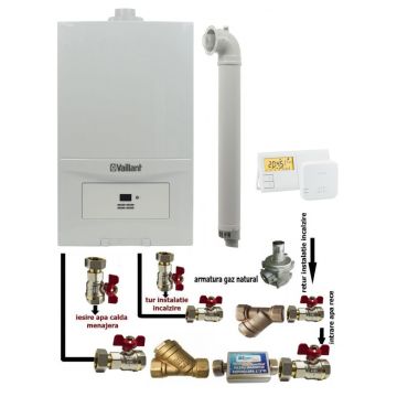 Pachet Centrala termica in condensatie Vaillant ecoTEC Pure VUW 236/7-2, 23 kw, murala, afisaj digital, schimbator caldura inox, kit de evacuare, termostat si fitinguri montaj