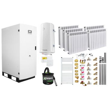 Pachet Centrala termica pe peleti Fornello GT 35 Standard, 35 KW, pompa circulatie, vas expansiune, calorifere aluminiu Fornello Alvo, boiler, kit evacuare, termostat, aspiratior, manometru, fitinguri, curatare mecanica arzator si schimbator, A+