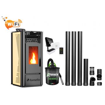 Pachet complet pentru incalzire cu control de la distanta format din Semineu (soba) pe peleti cu tiraj fortat Fornello SOPHIA WI-FI 11 kw, termostat Salus IT 500, aspirator, kit de evacuare 3,5 metri, telecomanda, Wi-fi, culoare Ivory