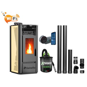 Pachet complet pentru incalzire cu control de la distanta format din Semineu (soba) pe peleti cu tiraj fortat Fornello SOPHIA WI-FI 11 kw, termostat Salus IT 800, aspirator, kit de evacuare 2,5 metri, telecomanda, Wi-fi, culoare Ivory