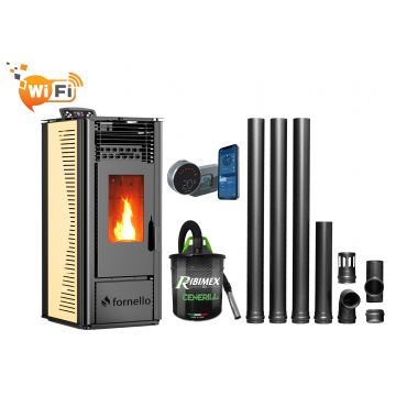 Pachet complet pentru incalzire cu control de la distanta format din Semineu (soba) pe peleti cu tiraj fortat Fornello SOPHIA WI-FI 11 kw, termostat Salus IT 800, aspirator, kit de evacuare 3,5 metri, telecomanda, Wi-fi, culoare Ivory