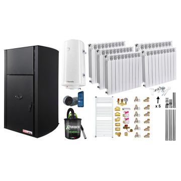 Pachet control de la distanta, Centrala pe peleti Fornello Fiama Confort  B 25 kw, Pompa, Vas expansiune, Automatizare, Calorifere aluminiu Fornello Alvo, Boiler 100 litri, Termostat, Aspirator, Kit 3.5 ml si Fitinguri montaj