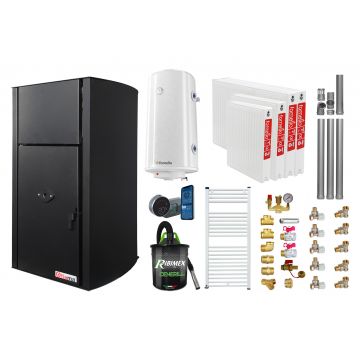 Pachet control de la distanta, Centrala pe peleti Fornello Fiama Confort B 25 kw, Pompa, Vas expansiune, Automatizare, Radiatoare otel, Boiler 100 litri, Termostat, Aspirator, Kit evacuare 3.5 ml si Fitinguri montaj