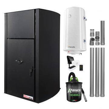 Pachet control de la distanta Centrala pe peleti Fornello Fiama Confort B 30 kW, cu pompa, vas expansiune, automatizare, boiler, termostat, aspirator, kit evacuare 3.5 ml, buncar 35 kg, tiraj fortat, culoare black, pana la 200 mp