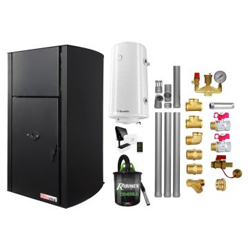Pachet control de la distanta Centrala pe peleti Fornello Fiama Confort B 30 kW, cu pompa, vas expansiune, automatizare, boiler, termostat, aspirator, kit evacuare 3.5 ml, Fitinguri, buncar 35 kg, tiraj fortat, culoare black, pana la 200 mp