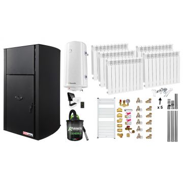Pachet control de la distanta, Centrala pe peleti Fornello Fiama Confort B 30 kW, cu pompa, vas expansiune, automatizare, calorifere aluminiu, boiler, termostat, aspirator, kit evacuare 3.5 ml, fitinguri, buncar 35 kg, tiraj fortat, culoare black, pa