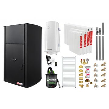 Pachet control de la distanta Centrala pe peleti Fornello Fiama Confort B 30 kW, cu pompa, vas expansiune, automatizare, radiatoare otel, boiler, termostat, aspirator, kit evacuare 3.5 ml, fitinguri, buncar 35 kg, culoare black, pana la 200 mp