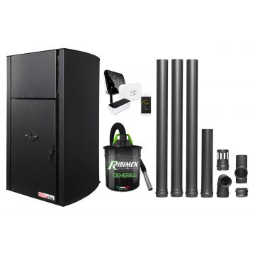 Pachet control de la distanta Centrala pe peleti Fornello Fiama Confort B 30 kW, cu pompa, vas expansiune, automatizare, termostat, aspirator, kit evacuare 3.5 ml, buncar 35 kg, tiraj fortat, culoare black, pana la 200 mp