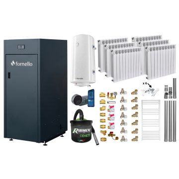 Pachet control de la distanta Centrala pe peleti Fornello King Plus 25 KW, calorifere aluminiu, boiler, termostat, aspirator, kit evacuare, fitinguri, pompa de circulatie, vas de expansiune, supapa de siguranta, automatizare, rezervor pentru peleti 1
