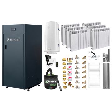 Pachet control de la distanta Centrala pe peleti Fornello King Plus 25 KW, calorifere aluminiu, boiler, termostat, aspirator, kit evacuare, fitinguri, pompa de circulatie, vas de expansiune, supapa de siguranta, automatizare, rezervor pentru peleti 1