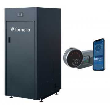 Pachet control de la distanta, Centrala pe peleti Fornello King Plus 25 KW, termostat, pompa de circulatie, vas de expansiune, supapa de siguranta, automatizare, rezervor pentru peleti 100 kg, creuzet din fonta, tiraj fortat
