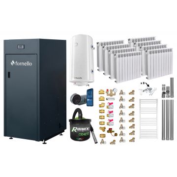 Pachet control de la distanta Centrala pe peleti Fornello King Plus 30 KW, calorifere aluminiu, boiler, termostat, aspirator, kit evacuare, fitinguri, pompa de circulatie, vas de expansiune, supapa de siguranta, automatizare, rezervor pentru peleti 1