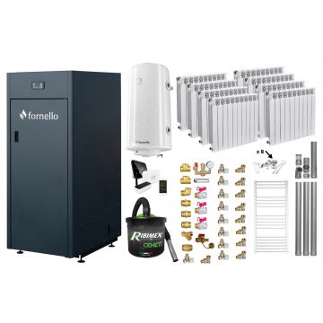 Pachet control de la distanta Centrala pe peleti Fornello King Plus 30 KW, calorifere aluminiu, boiler, termostat, aspirator, kit evacuare, fitinguri, pompa de circulatie, vas de expansiune, supapa de siguranta, automatizare, rezervor pentru peleti 1
