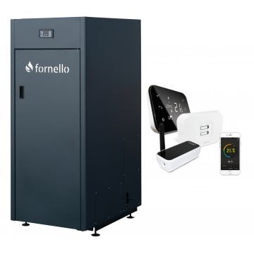 Pachet control de la distanta, Centrala pe peleti Fornello King Plus 35 KW, termostat, pompa de circulatie, vas de expansiune, supapa de siguranta, automatizare, rezervor pentru peleti 145 kg, creuzet din fonta, tiraj fortat