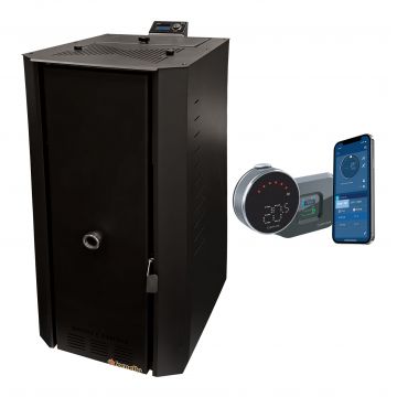 Pachet control de la distanta Centrala termica pe peleti Fornello Rossi B Black 25 kw, pompa de circulatie, vas expansiune, tiraj fortat, curatare facila a drumurilor de fum, Ecodesign, A+ si termostat Salus IT 800