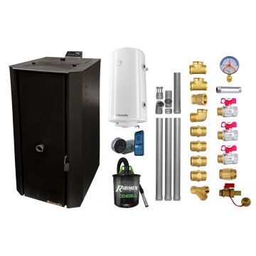 Pachet control de la distanta Centrala termica pe peleti Fornello Rossi B Black 25 kw, pompa, vas expansiune, tiraj fortat, Ecodesign, A+, Boiler Termoelectric Fornello 100 l, Termostat Salus IT 800, Aspirator, Kit evacuare 3.5 ml si Fitinguri montaj