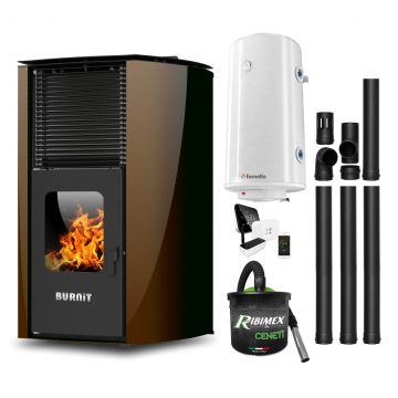 Pachet control de la distanta Termosemineu pe peleti Burnit Advant Novation Brown 25 kw, echipata cu pompa de circulatie, vas de expansiune, automatizare, Boiler, Termostat, Aspirator Cenusa si Kit evacuare 3.5 ml