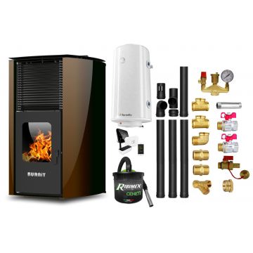 Pachet  control de la distanta Termosemineu pe peleti Burnit Advant Novation Brown 25 kw, echipata cu pompa de circulatie, vas de expansiune, automatizare, Fitinguri, Boiler, Termostat, Aspirator Cenusa si Kit evacuare 3.5 ml