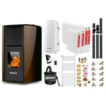 Pachet  control de la distanta Termosemineu pe peleti Burnit Advant Novation Brown 25 kw, echipata cu pompa de circulatie, vas de expansiune, automatizare, Radiatoare otel, Fitinguri, Boiler, Termostat, Aspirator Cenusa si Kit evacuare 3.5 ml