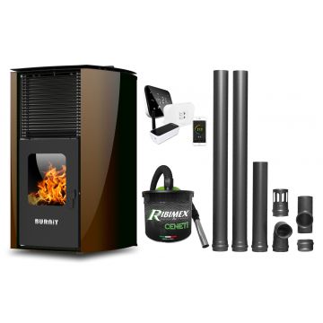 Pachet control de la distanta Termosemineu pe peleti Burnit Advant Novation Brown 25 kw, echipata cu pompa de circulatie, vas de expansiune, automatizare, Termostat, Aspirator Cenusa si Kit evacuare 2.5 ml