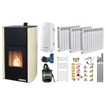 Pachet control de la distanta, Termosemineu pe peleti Fornello Fiama Confort 12 kw, Pompa, Vas expansiune, Automatizare, Calorifere aluminiu Fornello Alvo, Boiler 100 litri, Termostat, Aspirator, Kit 3.5 ml si Fitinguri montaj