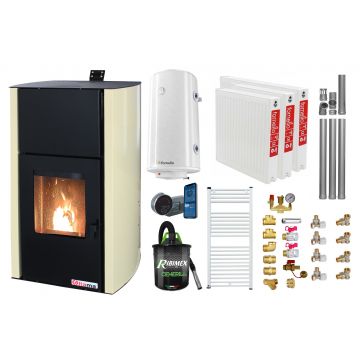 Pachet control de la distanta, Termosemineu pe peleti Fornello Fiama Confort 12 kw, Pompa, Vas expansiune, Automatizare, Radiatoare otel, Boiler 100 litri, Termostat, Aspirator, Kit 3.5 ml si Fitinguri montaj