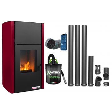 Pachet control de la distanta, Termosemineu pe peleti Fornello Fiama Confort 25 kw, culoare Bordeaux, complet echipat pentru incalzire,Kit evacuare 3.5 ml, Pompa, Vas expansiune, Automatizare, Termostat ambiental Salus IT 800, Aspirator Cenusa