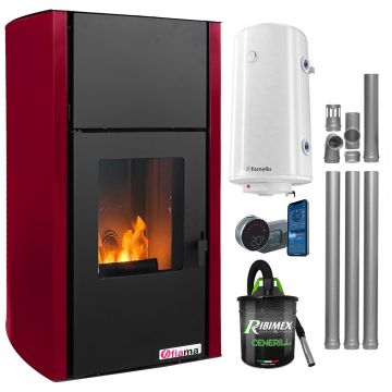 Pachet control de la distanta, Termosemineu pe peleti Fornello Fiama Confort 25 kw, culoare Bordeaux, complet echipat pentru incalzire, Pompa, Vas expansiune, Automatizare, Boiler 100 litri, Termostat Salus IT 800, Aspirator Cenusa si Kit evacuare