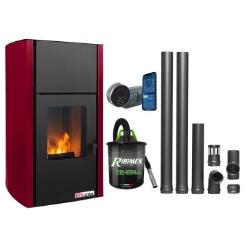 Pachet control de la distanta, Termosemineu pe peleti Fornello Fiama Confort 25 kw,  culoare Bordeaux, complet echipat pentru incalzire, Pompa, Vas expansiune, Automatizare, Termostat ambiental Salus IT 800, Aspirator Cenusa si Kit evacuare 2.5 ml