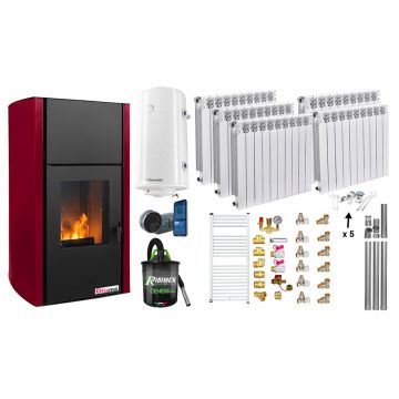 Pachet control de la distanta, Termosemineu pe peleti Fornello Fiama Confort 25 kw, culoare Bordeaux, Pompa, Vas expansiune, Automatizare, Calorifere aluminiu Fornello Alvo, Boiler 100 litri, Termostat, Aspirator, Kit 3.5 ml si Fitinguri montaj
