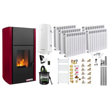 Pachet control de la distanta, Termosemineu pe peleti Fornello Fiama Confort 25 kw, culoare Bordeaux, Pompa, Vas expansiune, Automatizare, Calorifere aluminiu Fornello Alvo, Boiler 100 litri, Termostat, Aspirator, Kit 3.5 ml si Fitinguri montaj