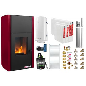 Pachet control de la distanta, Termosemineu pe peleti Fornello Fiama Confort 25 kw, culoare Bordeaux, Pompa, Vas expansiune, Automatizare, Radiatoare otel, Boiler 100 litri, Termostat, Aspirator, Kit 3.5 ml si Fitinguri montaj