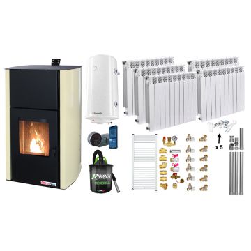 Pachet control de la distanta, Termosemineu pe peleti Fornello Fiama Confort 25 kw, Pompa, Vas expansiune, Automatizare, Calorifere aluminiu Fornello Alvo, Boiler 100 litri, Termostat, Aspirator, Kit 3.5 ml si Fitinguri montaj
