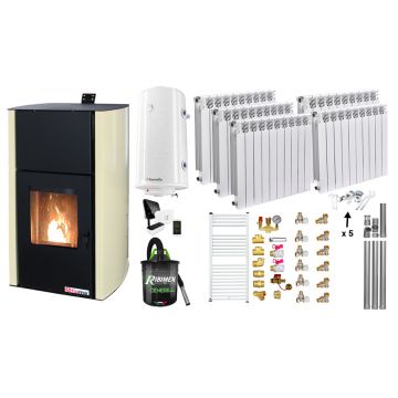 Pachet control de la distanta, Termosemineu pe peleti Fornello Fiama Confort 25 kw, Pompa, Vas expansiune, Automatizare, Calorifere aluminiu Fornello Alvo, Boiler 100 litri, Termostat, Aspirator, Kit 3.5 ml si Fitinguri montaj