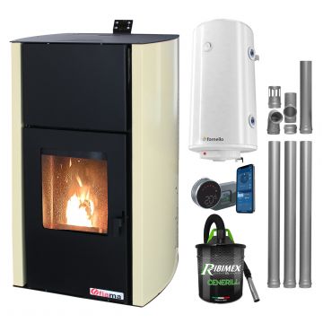 Pachet control de la distanta Termosemineu pe peleti Fornello Fiama Confort 30 kW, cu pompa, vas expansiune, automatizare, boiler, termostat, aspirator, kit evacuare 3.5 ml, buncar 35 kg, tiraj fortat, culoare crem, pana la 200 mp