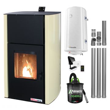 Pachet control de la distanta Termosemineu pe peleti Fornello Fiama Confort 30 kW, cu pompa, vas expansiune, automatizare, boiler, termostat, aspirator, kit evacuare 3.5 ml, buncar 35 kg, tiraj fortat, culoare crem, pana la 200 mp