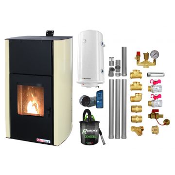 Pachet control de la distanta Termosemineu pe peleti Fornello Fiama Confort 30 kW, cu pompa, vas expansiune, automatizare, boiler, termostat, aspirator, kit evacuare 3.5 ml, fitinguri, buncar 35 kg, culoare crem, pana la 200 mp