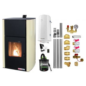 Pachet control de la distanta Termosemineu pe peleti Fornello Fiama Confort 30 kW, cu pompa, vas expansiune, automatizare, boiler, termostat, aspirator, kit evacuare 3.5 ml, fitinguri, buncar 35 kg, culoare crem, pana la 200 mp