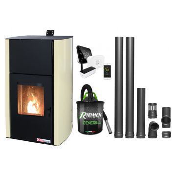 Pachet control de la distanta Termosemineu pe peleti Fornello Fiama Confort 30 kW, cu pompa, vas expansiune, automatizare, termostat, aspirator, kit evacuare 2.5 ml, buncar 35 kg, tiraj fortat, culoare crem, pana la 200 mp