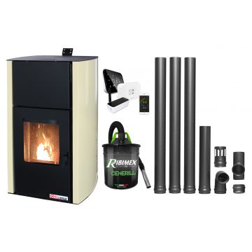 Pachet control de la distanta Termosemineu pe peleti Fornello Fiama Confort 30 kW, cu pompa, vas expansiune, automatizare, termostat, aspirator, kit evacuare 3.5 ml, buncar 35 kg, tiraj fortat, culoare crem, pana la 200 mp