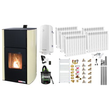 Pachet Control de la distanta Termosemineu pe peleti Fornello Fiama Confort 30 kW, pompa, vas expansiune, automatizare, calorifere aluminiu, boiler, termostat, aspirator, kit evacuare, fitinguri, buncar 35 kg, culoare crem, pana la 200 mp