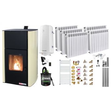 Pachet Control de la distanta Termosemineu pe peleti Fornello Fiama Confort 30 kW, pompa, vas expansiune, automatizare, calorifere aluminiu Fornello Alvo, boiler, termostat, aspirator, kit evacuare, fitinguri, culoare crem