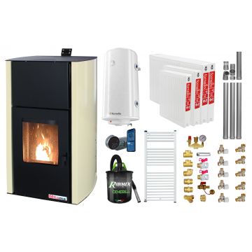 Pachet control de la distanta Termosemineu pe peleti Fornello Fiama Confort 30 kW, pompa, vas expansiune, automatizare, radiatoare otel, boiler, termostat, aspirator, kit evacuare 3.5 ml, fitinguri, buncar 35 kg, culoare crem, pana la 200 mp
