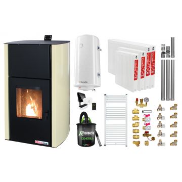 Pachet control de la distanta Termosemineu pe peleti Fornello Fiama Confort 30 kW, pompa, vas expansiune, automatizare, radiatoare otel, boiler, termostat, aspirator, kit evacuare 3.5 ml, fitinguri, buncar 35 kg, culoare crem, pana la 200 mp