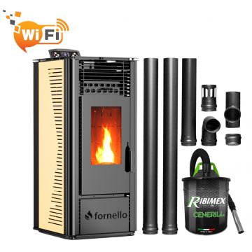 Pachet pentru incalzire format din Semineu (soba) pe peleti cu tiraj fortat Fornello SOPHIA WI-FI 11 kw, aspirator, kit de evacuare 2,5 metri, telecomanda, Wi-fi, culoare Ivory