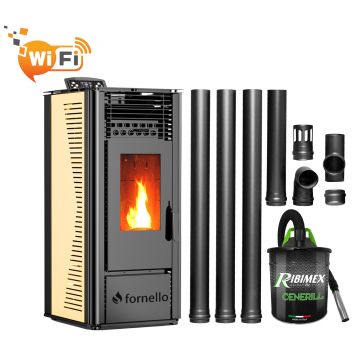 Pachet pentru incalzire format din Semineu (soba) pe peleti cu tiraj fortat Fornello SOPHIA WI-FI 11 kw, aspirator, kit de evacuare 3,5 metri, telecomanda, Wi-fi, culoare Ivory